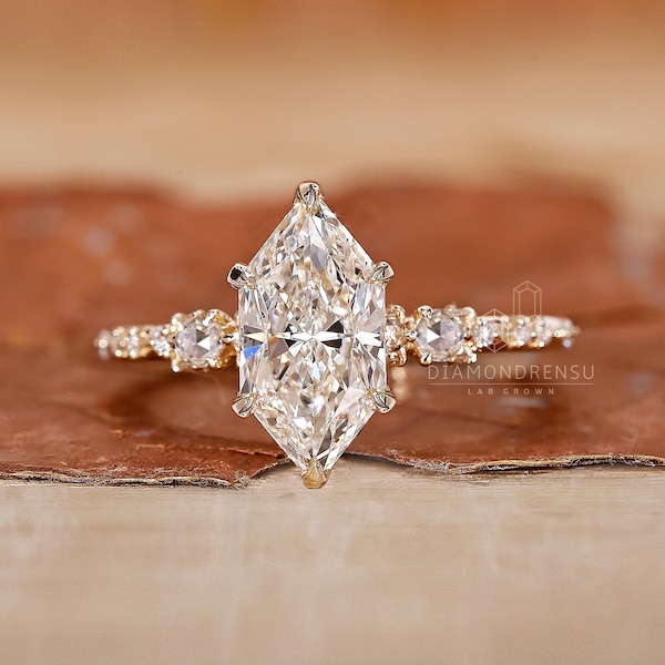 Dutch Marquise Engagement Ring with Certified Lab Grown Diamond, Featuring Rose Cut Diamond Pave Setting, Handmade Custom Ring-Diamondrensu