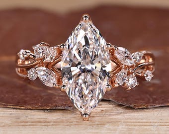 Tulip Basket Set Marquise Cut Diamond Engagement Ring with Side Stones, Lab Grown Diamond Wedding Ring, Handmade Ring by Diamondrensu