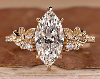 Nature Inspired Marquise Diamond Engagement Ring, Spring Floral Leaf Ring for Her, Vintage Style Wedding Ring, Handmade Ring by Diamondrensu