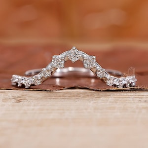 Round Diamond Curved Wedding Band for Engagement Rings, Lab Grown Diamond Chevron Half Eternity Band, Handmade Anniversary Ring for Women