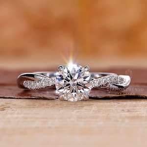 Round Diamond Engagement Ring with Twisted Pave Band, 0.50 to 2 ct Lab Grown Diamond Wedding Ring, Gift for Her, White/Yellow/Rose Gold