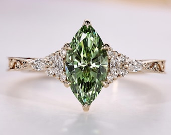 Green Marquise Diamond Vintage Engagement Ring, Side Cluster Diamond Wedding Ring, Tulip Basket Setting with Engraving Details, Propose Ring