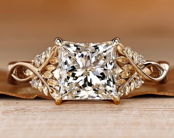 Nature Inspired Princess Diamond Solitaire Engagement Ring, Leaves and Petal Design Twisted Wedding Ring, Propose Ring, Anniversary Gifts