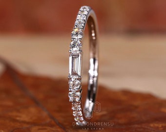 Baguette and Round Lab Grown Diamond Band, EF/VS Lab Created Diamond Band, Half Eternity Band, Diamond Wedding Band, Stackable Party Ring