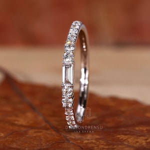 Baguette and Round Lab Grown Diamond Band, EF/VS Lab Created Diamond Band, Half Eternity Band, Diamond Wedding Band, Stackable Party Ring