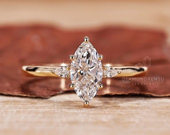 Marquise Diamond Engagement Ring in Yellow Gold, 1 to 3 ct Lab Grown Diamond Ring, Side Pear Cut Diamonds, Cathedral Setting, Gifts for Her