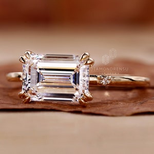 Emerald Cut Diamond Engagement Ring, East to West Set Lab Grown Diamond Ring, Certified Diamond, Double Claw Prongs, Gift Ring for Women