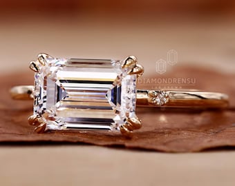 Emerald Cut Diamond Engagement Ring, East to West Set Lab Grown Diamond Ring, Certified Diamond, Double Claw Prongs, Gift Ring for Women
