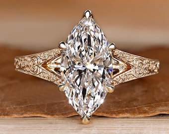 Marquise Diamond Vintage Engagement Ring in Art Deco Style, Solitaire Wedding Ring for Her, Split Shank Engraved Details, Anniversary Gifts