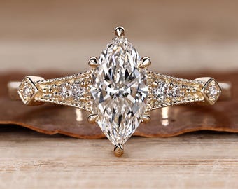 Vintage Engagement Ring in Marquise Lab Grown Diamond, Seven Stone Wedding Ring for Her, Anniversary Gifts, Handmade Ring by Diamondrensu