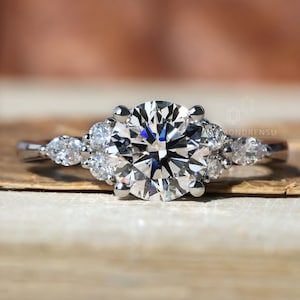 Round Lab Grown Diamond Engagement Ring with Side Marquise and Round Diamonds, This Beautiful Ring Is Perfect Anniversary Gift for Women