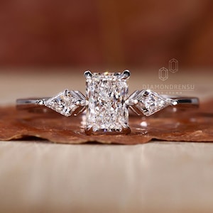 Radiant Cut Diamond Engagement Ring, Three Stone Lab Grown Diamond Ring for Women, Side Kite Cut Diamond, Wedding Ring, Promise Ring for Her