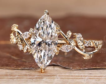 Nature Inspired Engagement Ring in Marquise Lab Grown Diamond, Leaf and Petals Design Wedding Ring for Her, Handmade Ring by Diamondrensu
