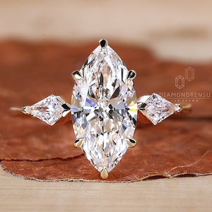 Lab Grown Diamond Three Stone Ring, 1 to 3 CT Marquise Cut Diamond Engagement Ring, Side Kite Cut Diamond, Anniversary Gift, Ring for Women