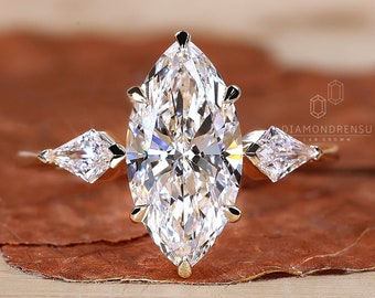 Lab Grown Diamond Three Stone Ring, 1 to 3 CT Marquise Cut Diamond Engagement Ring, Side Kite Cut Diamond, Anniversary Gift, Ring for Women