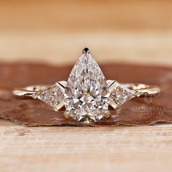 Pear Shaped Engagement Ring with Side Kite Cut Diamonds, IGI Certified Lab Grown Diamond Ring For Women, Gifts for Her, Anniversary Gifts