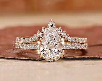 Pear Cut Engagement Ring with Curved Wedding Band, 1 to 3 ct Lab Grown Diamond Ring Wedding Set, Bridal Set for Women, Anniversary Gifts
