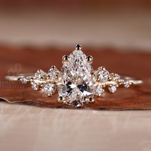 Pear Cut Lab Created Diamond Engagement Ring for Women, Snowdrift Style Wedding Ring, G/VS Lab Grown Diamond Ring, Yellow/White/Rose Gold