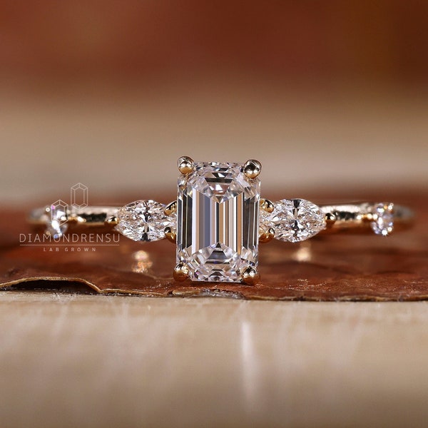 Emerald Cut Lab Grown Diamond Five Stone Ring: Handmade Gold Wedding Band