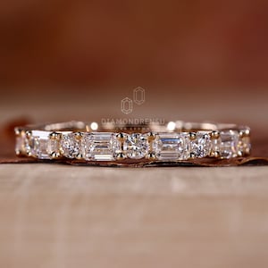 Emerald and Round Lab Grown Diamond-trouwring, Diamond Eternity-band, bijpassende band, stapelbare band, 1,41 TW Lab gemaakte diamanten band