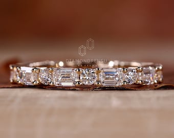 Emerald and Round Lab Grown Diamond Wedding Band, Diamond Eternity Band, Matching Band, Stackable Band, 1.41 TW Lab Created Diamond Band