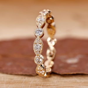 Vintage Style Passender Ehering 0,75 TW Rundschliff Milgrain Lünette Set Lab gewachsen Diamant Ehering, Lab Diamant Ewigkeit Ehering