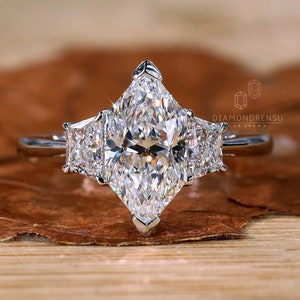 Dutch Marquise Cut Lab Grown Diamond Ring, Side Trapezoid Diamond, Three Stone Engagement Ring, Antique Cut Diamond Wedding Ring, Gift Ring
