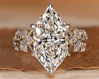 Dutch Marquise Diamond Nature Inspired Engagement Ring, Side Marquise Diamond in Bezel Setting, Hidden Halo Wedding Ring, Anniversary Gifts