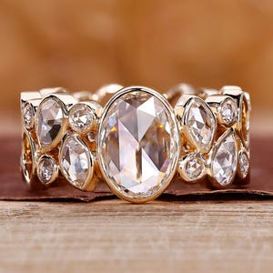 Antieke vintage ovale roosgeslepen diamanten verlovingsring, zijdelingse roosgeslepen laboratoriumdiamanten trouwring, comfortabele pasvorm jubileumring voor vrouwen