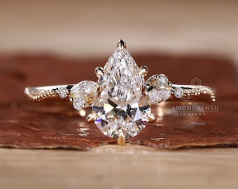 Pear Cut Engagement Ring, Lab Grown Diamond Ring, Handmade Jewelry by Diamondrensu, Anniversary Gifts for Her, Vintage Style Wedding Ring