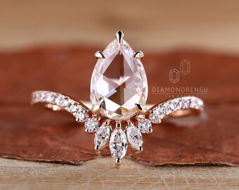 Rose Cut Diamond Engagement Ring, Pear Rose Cut Lab Grown Diamond, 1.18 ct Tiara Wedding Ring, Unique Vintage Style Ring, Handmade Jewelry