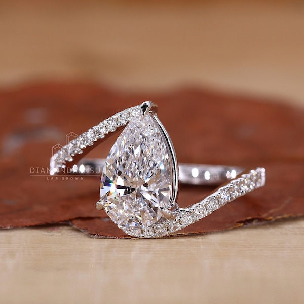Birnenförmiger Diamant-Verlobungsring in Byby-Fassung, 1 bis 2 ct IGI-zertifizierter, im Labor gewachsener Diamant, Tropfenform, Ring für Frauen, Geschenkring