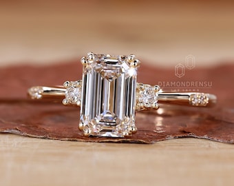 Three Stone Engagement Ring, Lab Grown Diamond Engagement Ring, IGI Certified Emerald Cut Ring for Women, Anniversary Gifts, Promise Ring