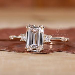 Three Stone Engagement Ring, Lab Grown Diamond Engagement Ring, IGI Certified Emerald Cut Ring for Women, Anniversary Gifts, Promise Ring
