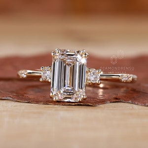 Three Stone Engagement Ring, Lab Grown Diamond Engagement Ring, IGI Certified Emerald Cut Ring for Women, Anniversary Gifts, Promise Ring