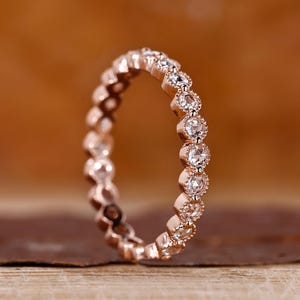 Round Rose Cut Diamond Eternity Band in Milgraing Bezel Setting, Stackable Wedding Band for Engagement Ring, Minimalist Band for Anniversary