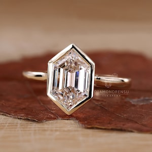 Hexagon Step Cut Lab Grown Diamond Ring, Solitaire Engagement Ring, Cathedral/Bezel Setting, IGI Certified, Handmade Ring by Diamondrensu