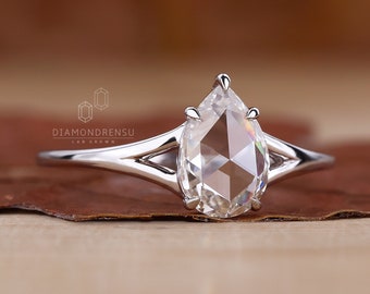 Anillo de compromiso solitario, anillo de diamante talla pera rosa, anillo de diamante creado en laboratorio, anillo de boda con brazo dividido, regalos de aniversario, estilo vintage