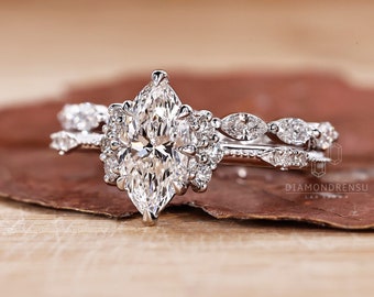 Vintage Engagement Ring with Wedding Band, Marquise Cut Lab Grown Diamond Bridal Set, Wedding Set for Women, Anniversary Gift, Eternity Band