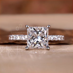 0.50 to 3.01 CT Princess Cut Lab Grown Diamond Engagement Ring, Pave Wedding Ring, E/VS1 Lab Created Diamond, Anniversary Gift, Ring for Her
