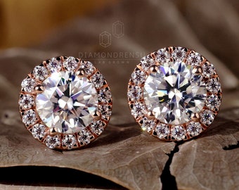 1.97 TW Round Brilliant Lab Diamond Earrings, E/VS Lab Created Diamond Stud Earrings, Wedding Earrings, Diamond Studs for Her, Halo Earrings