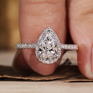 Pear Shaped Diamond Ring for Women, Lab Grown Diamond Halo Engagement Ring, Tear Drop Diamond Ring, Anniversary Gifts, Promise Ring for Her