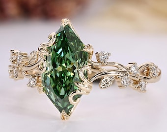 Nature Inspired Green Dutch Marquise Engagement Ring in Tulip Basket Setting, Leaves and Petal Design Wedding Ring, Handcrafted Propose Ring