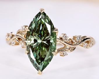 Nature Inspired Green Marquise Engagement Ring, Tulip Basket Hidden Diamond Wedding Ring, Anniversary Gift, Handmade Ring by Diamondrensu