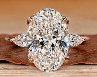 Oval Diamond 3 Stone Engagement Ring with Side Pear Diamond, Tulip Basket Set Lab Grown Diamond Wedding Ring, 5 to 10 ct IGI Certified Ring