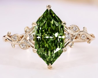Green Dutch Marquise Lab Grown Diamond Engagement Ring,  Nature Inspired Diamond Ring with Leaves and Petal Design, Anniversary Gifts