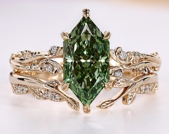 Art Deco Style Nature Inspired Wedding Set, Green Dutch Marquise Lab Grown Diamond Engagement Ring with Matching Band, Bridal Set for Her