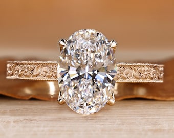 Vintage Engagement Ring in Oval Lab Grown Diamond, Tulip Basket Set with Engraved Details, Bridge Accent Wedding Ring, Anniversary Gifts