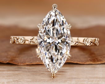 Marquise Diamond Solitaire Engagement Ring with Rose and Moon Engraved Details, Art Deco Nature Inspired Wedding Ring, Anniversary Gifts