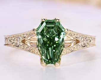 Art Deco Style Vintage Engagement Ring in Green Coffin Cut Lab Grown Diamond, Split Shank Engraved Detail Wedding Ring, Tulip Basket Setting